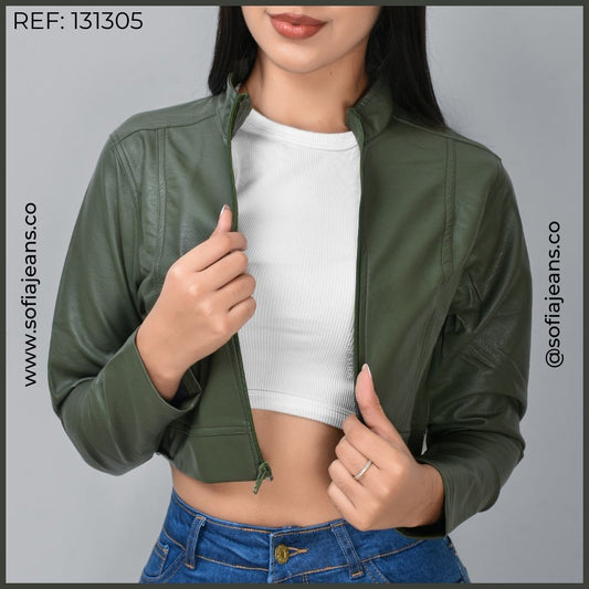 Chaqueta Verde Oliva Lisa Cuero Sintético SJ131305