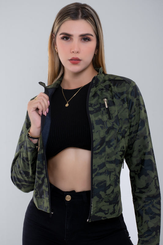 Chaqueta Efecto Cuero Clásica Camuflada