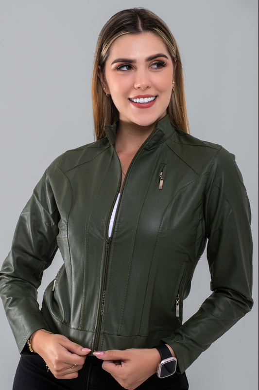 Chaqueta Efecto Cuero Clásica Verde Oliva