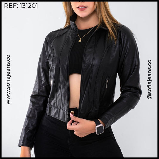 Chaqueta Negra Clásica Cuero Sintético SJ131201